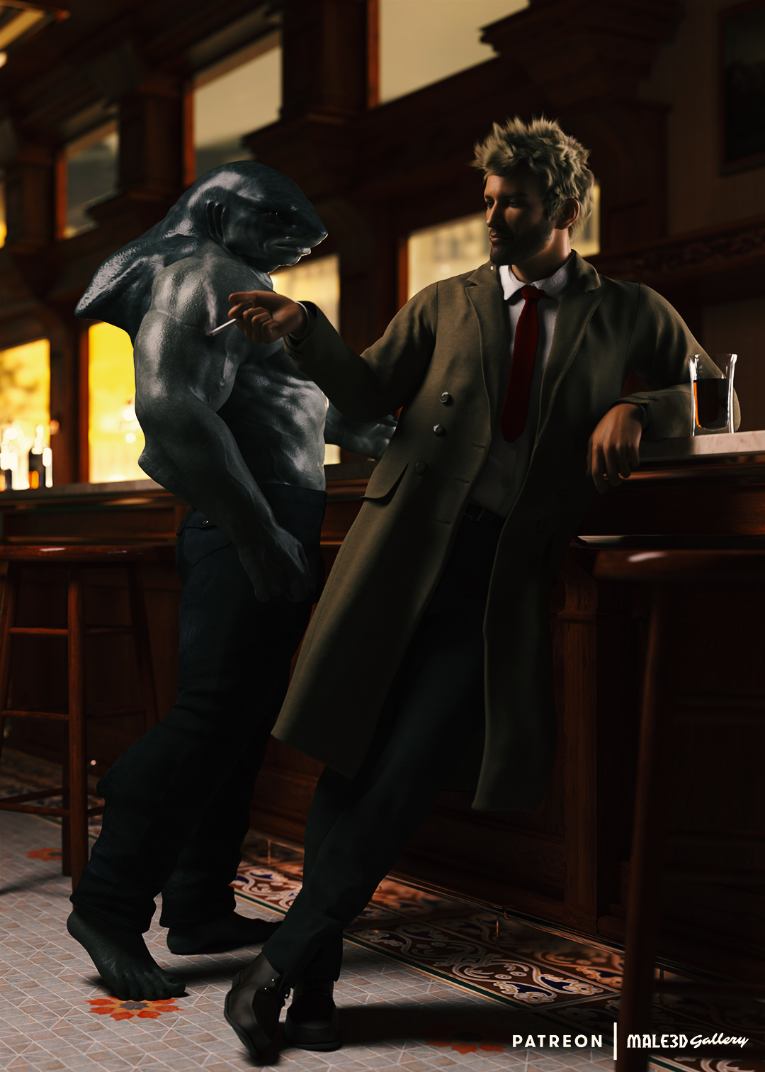 John Constantine and King Shark at the bar